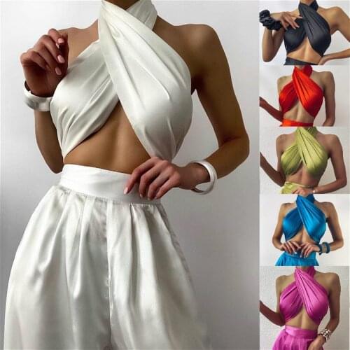 2021 New Cross Bandage Halter Cami Tops Women Solid Color Vintage Elegant Crop Top Backless Club Sexy Tank Top Female
