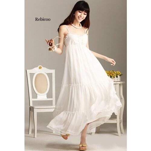 Pure white beach lace summer dress Women Beach elegant Lace Chiffon Dress suspenders skirt Beach Resort fast shipping