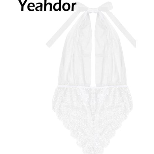 2021 Women Sexy Mesh Lingerie Bodysuit Deep V Neck Halter Neck See-through Lace Bottoms Backless Jumpsuit Underwear Nightwear