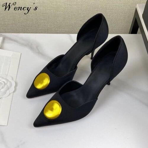 Golden Mental Decor Pumps Women High Heels Flock Shoes Slip on Pointed Toe Sexy Party Shoes Dress Luxury Brand Design Woman Shoe