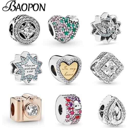 2Pcs/lot Love Heart Camera Star Crystal & Clear CZ Charms Beads Fit Brand Bracelet & Necklace DIY Women Jewelry Making