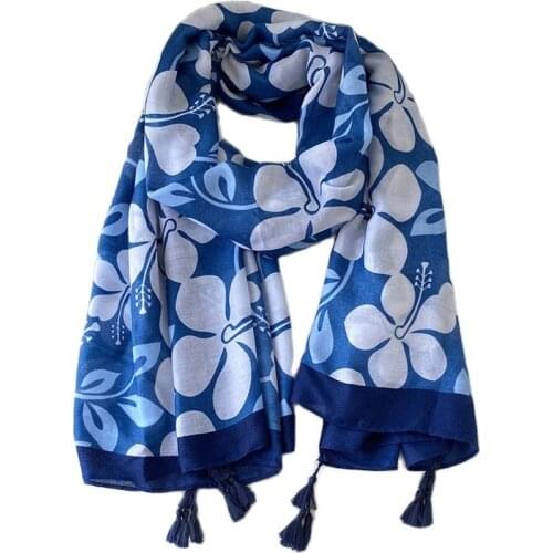 2021 Spain Luxury Fashion Women Viscose Scarf Pure Blue Floral Beach Hijab Shawls and Wraps Female Foulards Echarpe Muslim Hijab