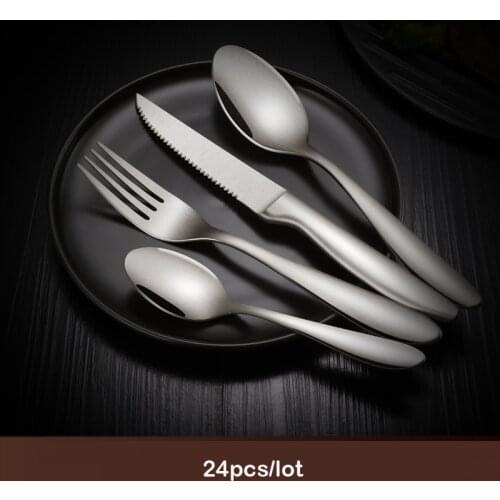 24pcs/set Luxury Western Silver Cutlery Set Matte Frost Steel Dinnerware Sets Thick Handle Steak Knife Fork Spoon Tableware