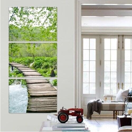 3 Piece Canvas Art Sets Creek and Bridge Painting NatureLandscape Modern Wall Painting Forest Green Tree Picture