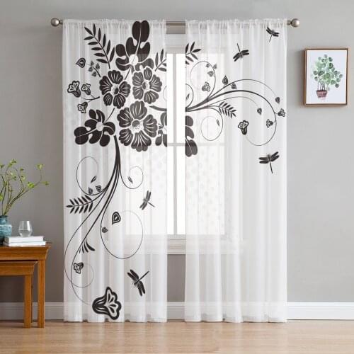 Flower Dragonfly Black And White Voile Curtains for Living Room Window Treatment Sheer Curtains for Bedroom Kitchen Drapes