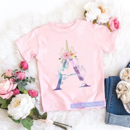 New summer style girls t-shirt flower letter unicorn graphic print kids tshirt summer t shirt girls birthday costume pink tops