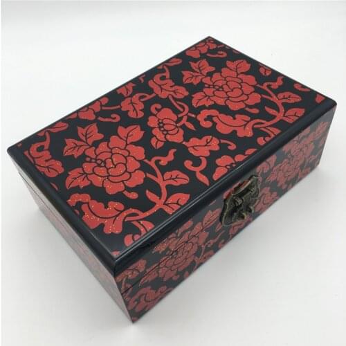 Chinese hand-made classic wooden lacquer red flower jewelry box 2 layer