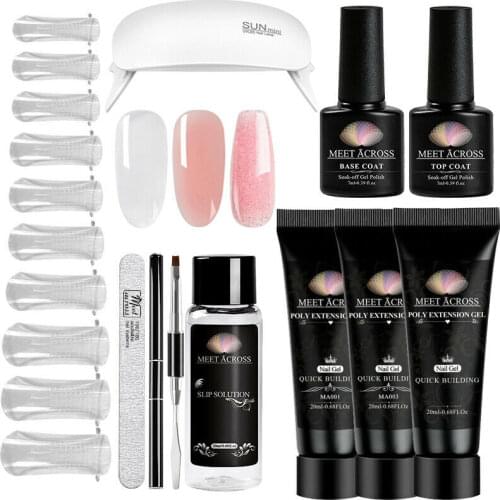 MEET ACROSS Poly UV Gel Set 20ml /30ml Poly Extension Nail Gel with UV/Led Lamp Quick Building Clear Glitter Gel Nail Polish