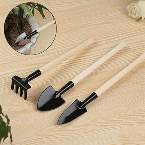 Mini Plant Garden Tools Wooden Handle Gardening Shovel Rake Spade 3 Pcs Set for Flowers Potted Plant Long Handle Gardening Tools