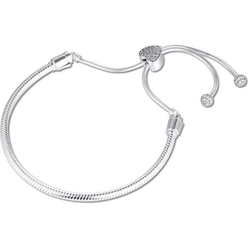 Moments Pave Heart Clasp Snake Chain Slider Bracelet 2020 New Arrival 925 Sterling Silver Bracelets for Women DIY Charms Jewelry