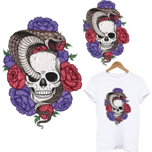Flower Skull Sticker Heat Transfers For Clothes Snake Iron On Transfer T Shirt Women Diy Appliqued Thermo Stickers On Clothes