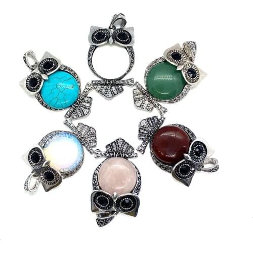 Natural Stone Amethyst Lapis Lazuli Tiger Eye Stone Owl Shape Inlaid Colorful Pendant Ladies Necklace Brooch Handmade DIY Crafts