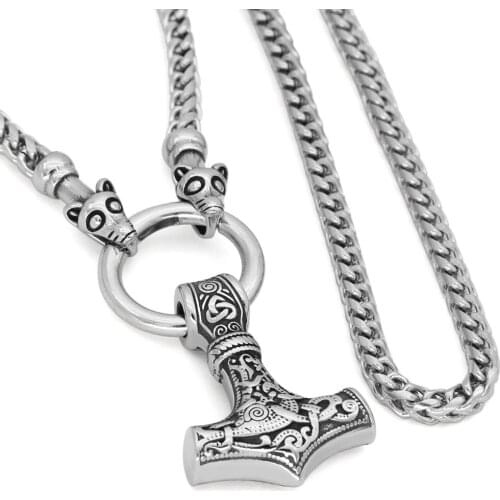 Viking amulet wolf head with thor hammer Mjolnir pendant necklace with valknut gift bag
