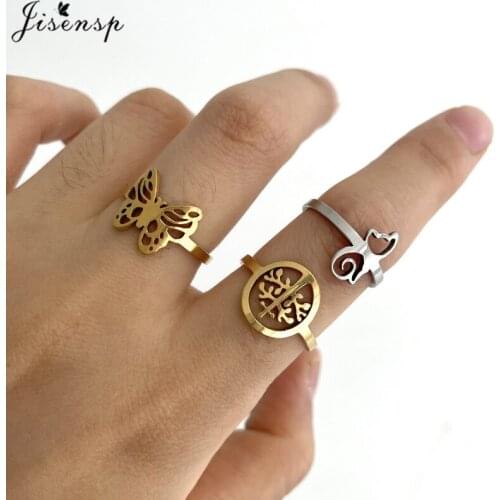 Lovely Butterfly Adjustable Opening Rings for Women Men Geometric Cat Moon Ring Simple Tree of Life Stainless Steel Rings Bague