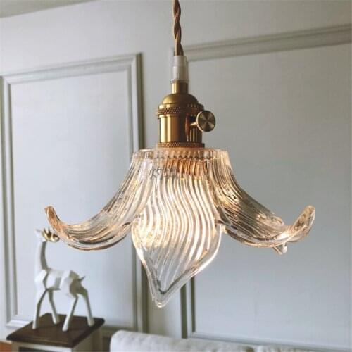 Loft Handmade Retro Brass Glass Flower Pendant Lights Bar Table Hanging Lamp Bedside Bedroom Corridor Aisle Warehouse Lighting