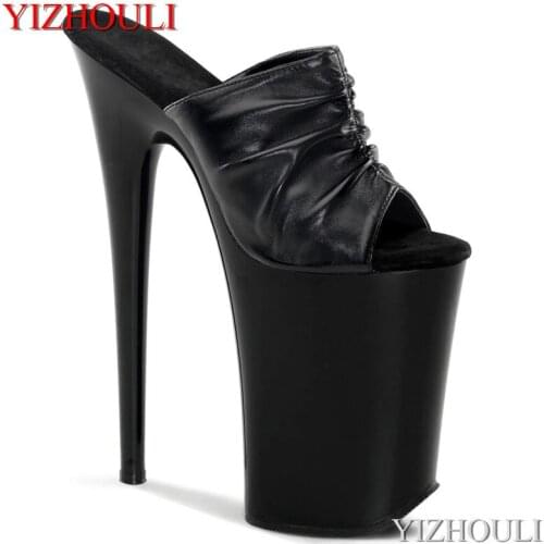 Sexy wrinkled matte black vamp, 23 cm high peep-toe heels, 9 inch sexy party, banquet and nightclub slippers