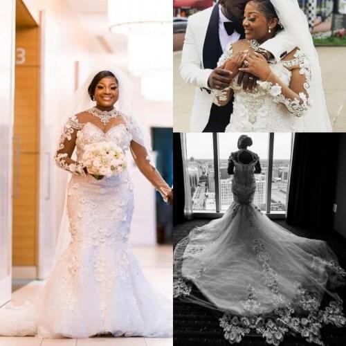 Luxury Crystals African Mermaid Wedding Dresses IIIsion Long Sleeve Appliques Beaded Bride Dress Vestido De Noiva