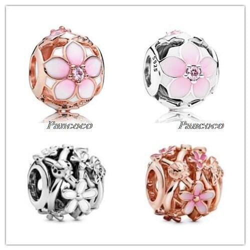 925 Sterling Silver Rose Gold Magnolia Bloom Charm With Clear Cz Fit Women Pandora Bracelet & Necklace Diy Jewelry