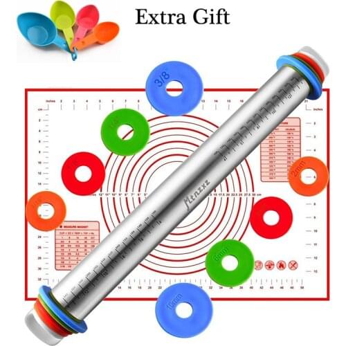 Rolling Pin and Silicone Baking Pastry Mat Set Adjustable Stainless Steel Dough Roller for Baking Dough,Pizza,Pasta,Cookies