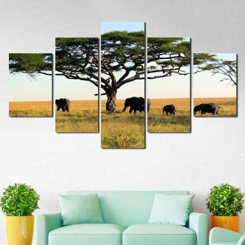 Elephant Landscape Poster HD Wall Art Frameless Style Canvas Picture Modern 5 Panel Home Decoration Printing Painting