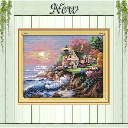 The seaside lighthouse scenery paintings counted printed on canvas DMC 14CT 11CT DIY Cross Stitch Embroider kits Needlework Sets