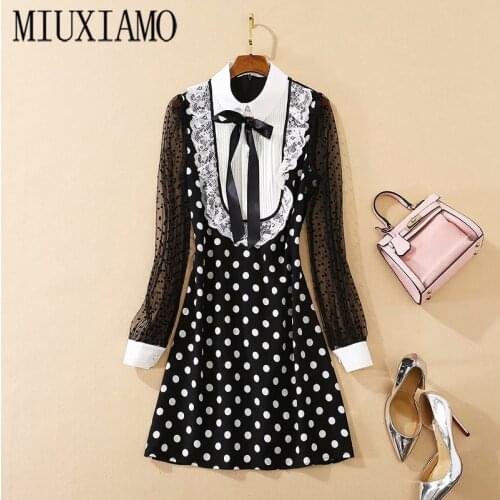 MIUXIMAO High Quality 2020 Fall Dress Lace Dot Crimping Vintage Black Casual Dress Women with Bow