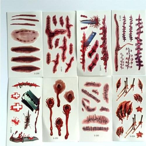 2pcs Waterproof Halloween Zombie Scars Tattoos With Fake Scab Blood Makeup Halloween Decoration Wound Scary Blood Injury Sticker