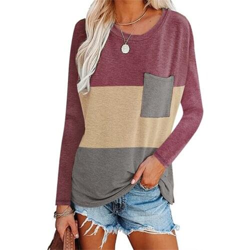 Autumn T-shirts For 2021 Women Fashion Cotton Hot Sale Womens Long Sleeve Top Female Clothing Splice O-Neck Pullover Tops