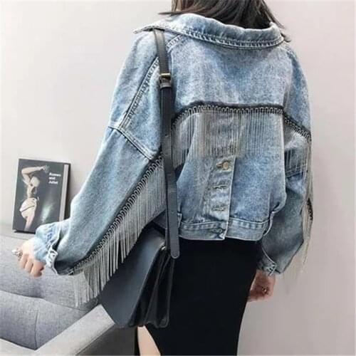 Women Fashion Korean Fringed Denim Jacket Style Split Loose Bat Sleeve Tassels Jeans Jackets Shorts New Femme Coat Streetwear