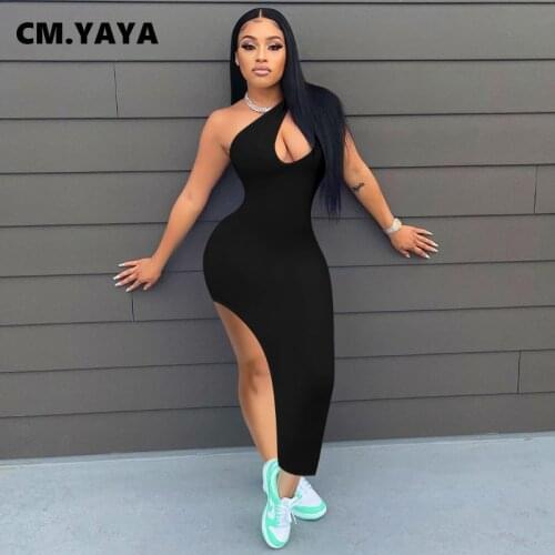 CM.YAYA Women Long Dress Solid One Shoulder Sleeveless Skew Collar Cut Out Splited Maxi Dresses Sexy Party Vestidos Summer 2021