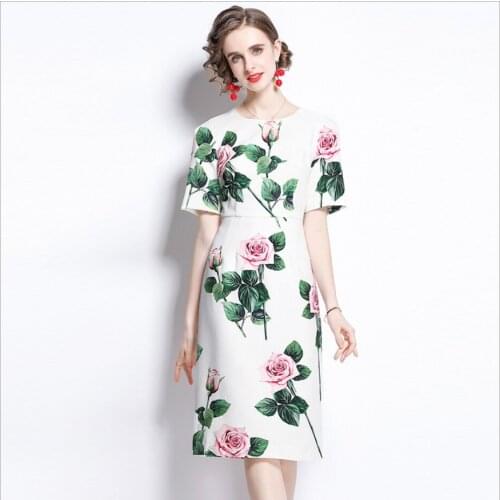 Women White Printed Short Sleeve Dress Office Lady Summer Round Neck High Waist Dresses Elegant Over-the-knee One-step Skirt