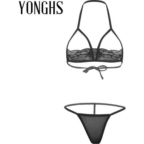 Womens Sexy Lingerie Open Cup Bra Panties Set Halter Lace-up See-through Hot Bras with G-strings Erotic Sexy Bikini Lingerie Set
