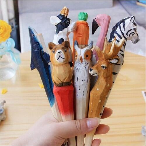 100pcs Handmade Ballpoint Pen Lovely Artificial Wood Carving Animal Ball Pen Creative Arts Blue Pens Gift New Arrival