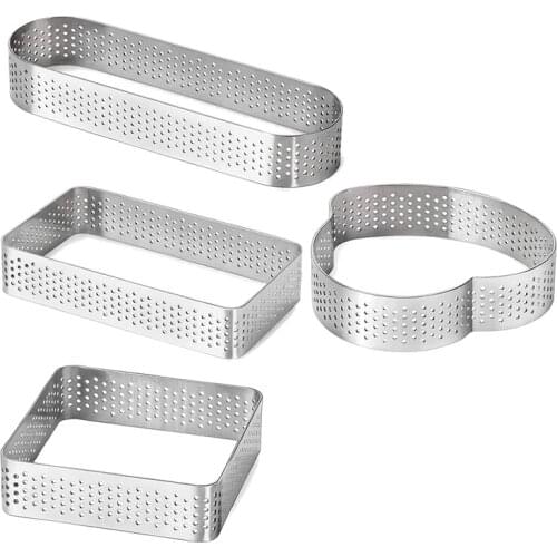 4 Pack Stainless Steel Tart Ring Tower Pie Cake Mould Baking Tools Heat-Resistant Perforated Cake Mousse Ring,4 Shapes