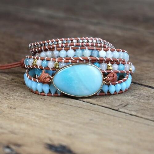 5 Strand Leather Wrap Bracelet W/ Semiprecious Amazonite Stone Crystal Beaded Statement Bracelet Boho Jewelry Dropshipping