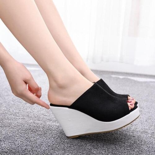 Crystal Queen Black and white Summer Shoes Woman Bohemia High Heel Slip On Peep Toe Platform Wedges Sandals Womens
