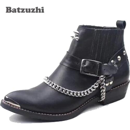 2018 New Handmade Genuine Leather Boots Men Punk Military Boots Mens Genuine Leather Western Cowboy Boot Motorcycle Rock Botas