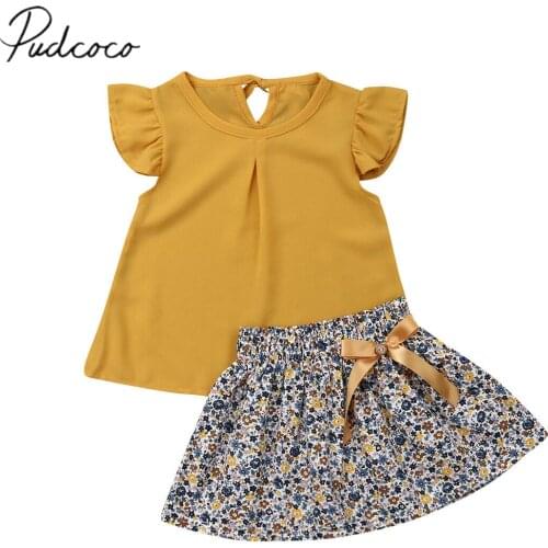 2019 Children Summer Clothing 1-5Y Toddler Kid Baby Girl Clothes Sets Yellow Chiffon Tops+Floral A-Line Skirt Outfits Clothes