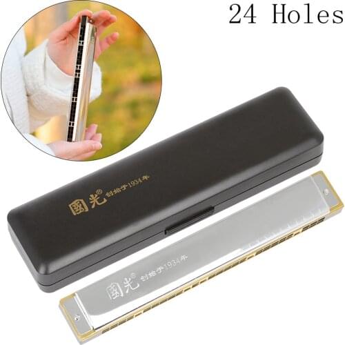 28 Holes Harmonica Key of C Wide Range Accent Silver Stainless Steel Musical Instrument with Case for Music Lovers and Gifts