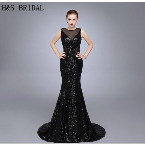 HS21 Hot Sale Mermaid O Neck With Straps Backless Black Sequins Evening Gown 2017 Sexy Long Party Dresses