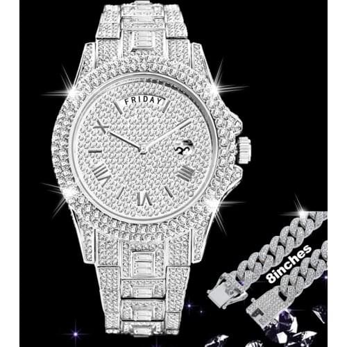 Iced Out Watch Chain and Braclet for Men Full Bling Diamonds Mens Watches Waterproof day-date Hip Hop Quartz Wristwatch Man Gift