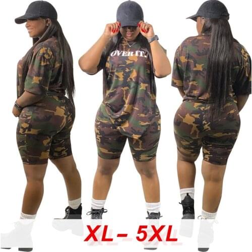 Camouflage Casual Two Piece Women Clothing,Plus Size Women Clothing,Fashion Camouflage Women Summer Loose Shorts T Shirt Two