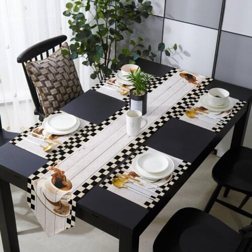 Coffee Wood Grain Retro Lattice Table Runner Placemat Set Tablecloth Dining Table Mat Home Wedding Table Decoration
