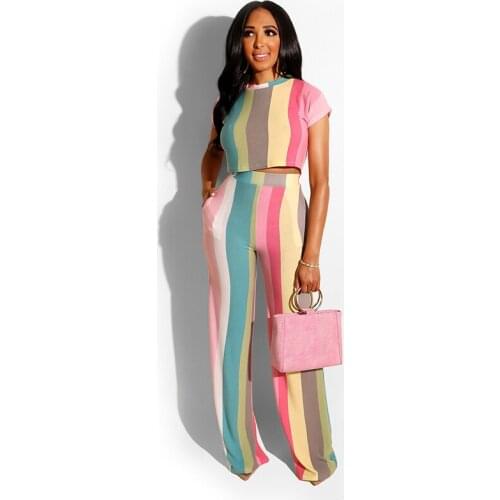 2019 Sexy Striped Two Piece Set Women Summer Festival Clothes Club Outfits Crop Top and Wide Leg Pants 2 Piece Matching Sets