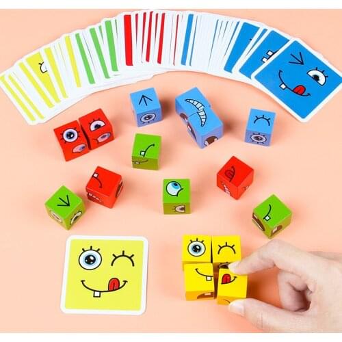 Wooden Cube Table Games Educational Toys Face Blocks Cube Building Block Puzzle Interactive Board Game Challenge learn Emoticon
