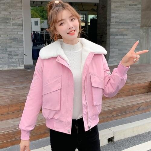 Womens jacket Warm Wool Lining Bomber Coat Girls Pink Parkas Autumn Winter Coat Female Jacket Short Outerwear Streetwear Ladies