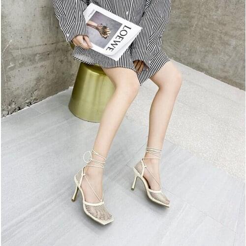 Fashion Woman Pumps Sexy Hollow Mesh Summer Sandals High Heels Square Toe Ankle Lace-Up Women Party Dress Shoes