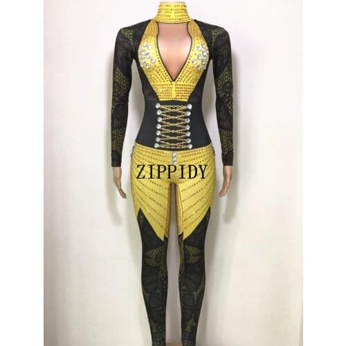 Fashion Yellow Rhinestones Jumpsuit Women Stage Bodysuit Costume Female Singer Leggings Nightclub Crystals Costume Dance Jumpsui