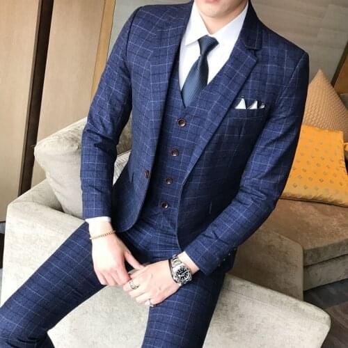 Brand suit mens 2020 classic check suit 3 Piece Set luxury fashion Mens blue tuxedo boutique men groom wedding dress suit