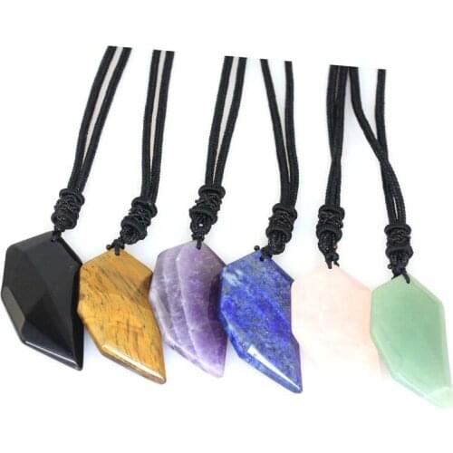 Natural Crystal Quartz Stone Pendant Healing Amethysts Lapis Lazuli Agates Stone Faceted Wolfs Fang Pendant Chain Necklace